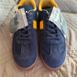 Polo by Ralph Lauren Men’s Navy Suede Sneakers with Yellow Stripe